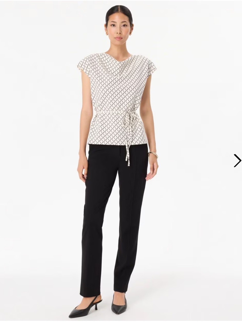 NWT🌷White House Black Market White Geometric Print Cap-Sleeve Tie-Waist Blouse